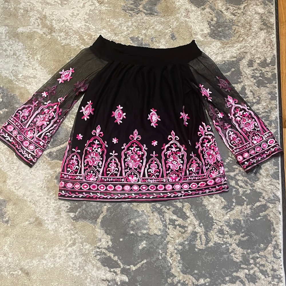 INC off the shoulder printed net blouse